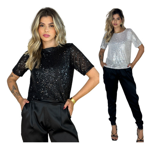 2pçs Blusa Feminina Brilho T-shirt Paetê Elegante P Ao G