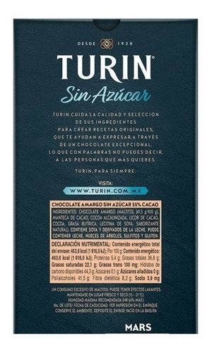 Imagen 3 de 3 de Turin Chocolate Amargo Sin Azúcar 55% Cacao 324 Gr 18 Barras