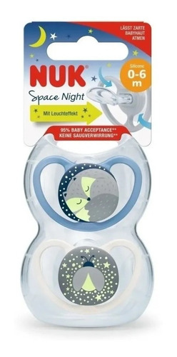 Imagen 2 de 10 de Set De 2 Chupetes Space Night Nuk 0-6 Nene Nocturno-luminoso