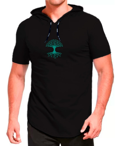 Camiseta Com Capuz Estampa Árvore Longline Masculina Natural