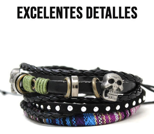 Imagen 3 de 7 de Set De 3 Pulseras De Cuero Con Calaveras