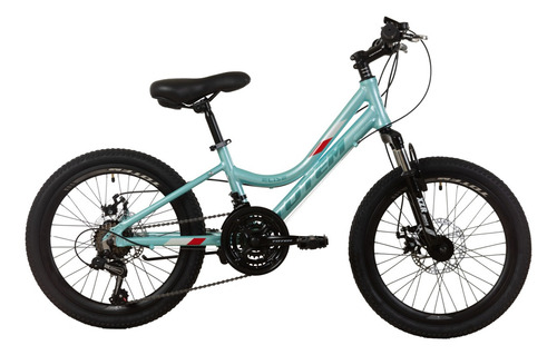 Mountain bike infantil Totem Elise R20 12" 21v frenos de disco mecánico cambios Shimano Tourney color celeste/rojo/blanco con pie de apoyo