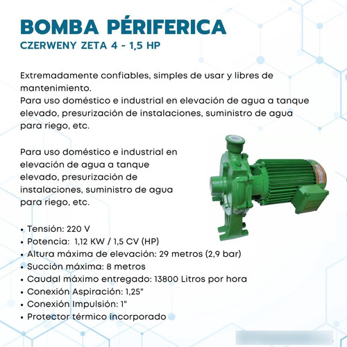 Bomba centrífuga monofásica Czerweny Zeta 4 1.5hp color verde 50Hz 220V eleva 31 mts