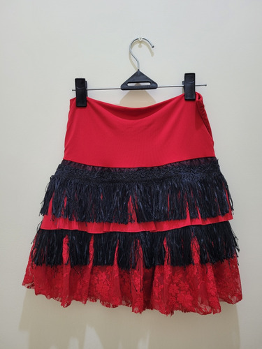 Falda Mini Roja Con Flecos Negros Talla Medium