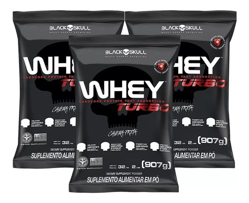 Combo 3x Whey Protein Turbo Refil - 907g Cada - Black Skull