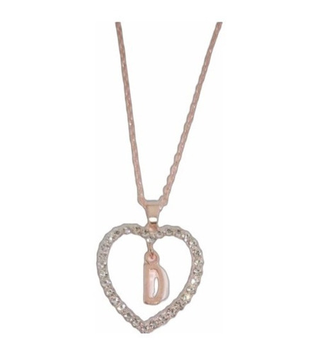 Collar Corazón Letra D , Zircones Tono Oro Rosa