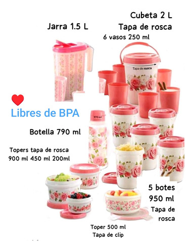 Set Topers Rosas Recipientes Botella Jarra Vasos