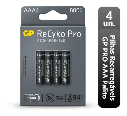 4 Pilhas Aaa Gp Recyko Pro Recarregável Palito 1.2v 800 Mah