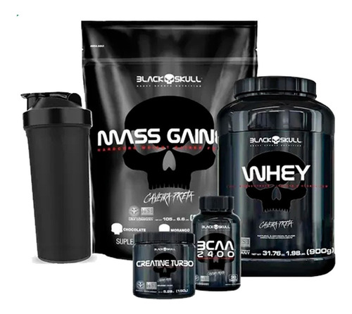 Kit Whey + Mass Gainer + Bcaa + Creatina - Caveira Preta Sabor Baunilha