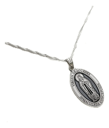Cadena Y Dije Virgen Lourdes Inmaculada Concepción Plata 925 Plata 925 55 Cm