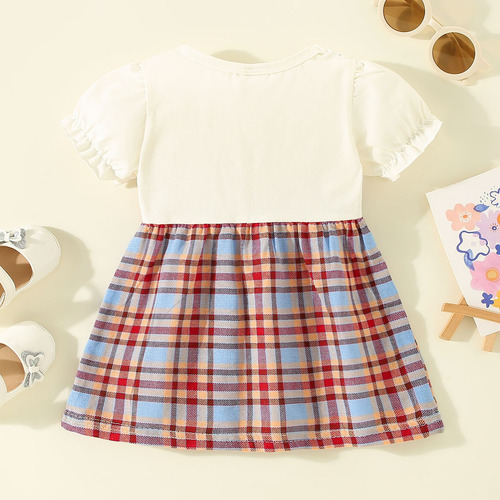 Vestido Lindo A Cuadros Bebé1-3a Con Encaje Y Lazo Con Perla