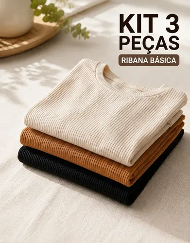Kit 3 Blusa Feminina Ribana Canelado Básica Casual Preto / Bege / Off White Canelado G/gg (44-46)