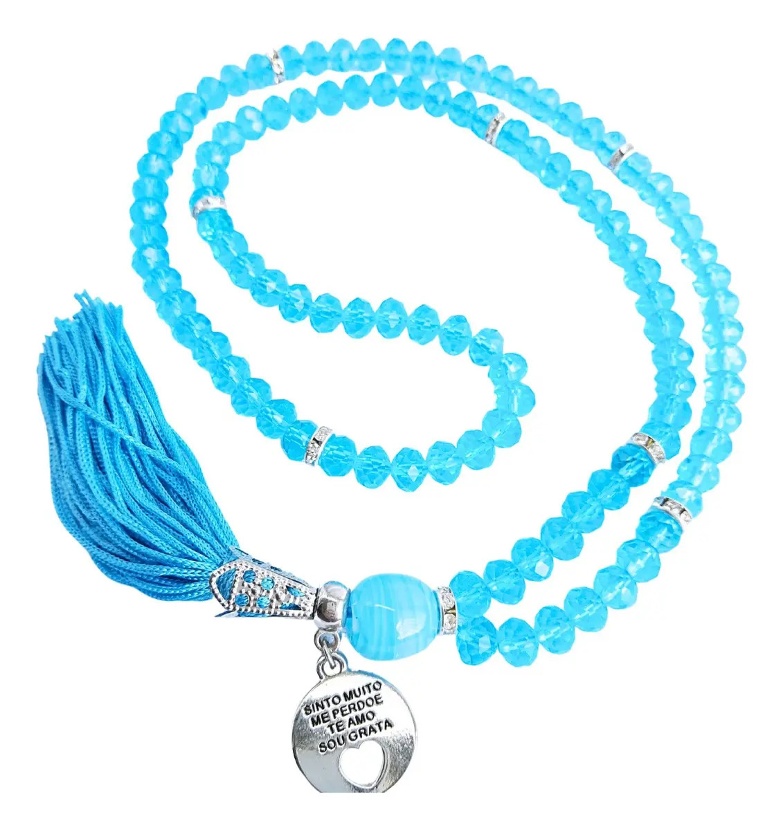 Japamala Terço Budista 108 Contas Cristal Com Ho'oponopono Cor Azul Claro Cristal