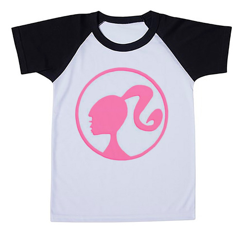 Camiseta Infantil Raglan Branca Barbie  Rosa  De  Lado  01
