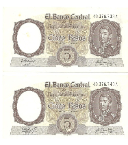 Argentina: 2 Billetes Correlativos 5$. Moneda Nacional S/c.