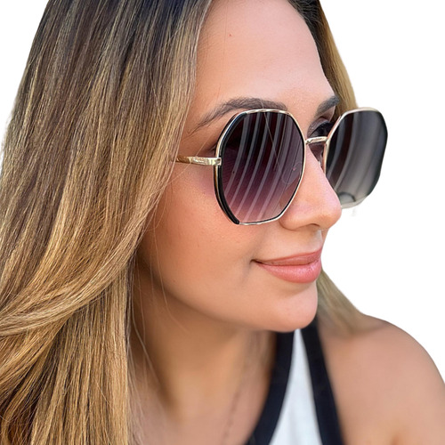 Óculos De Sol Octogonal Retrô Feminino Proteção Uv400 Grande Elegante