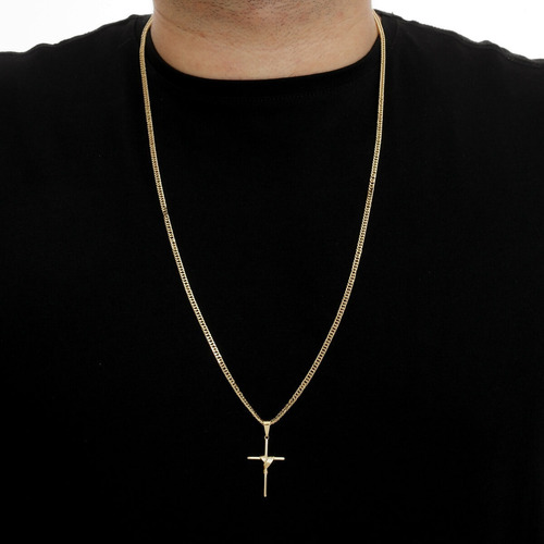 Imagem 3 de 3 de Corrente Masculina Cordão Grumet Banhada Ouro Pingente Cruz