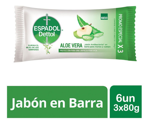 Imagen 1 de 4 de Espadol - Jabon Antibacterial Aloe Vera 6un 3 X 80 Grs