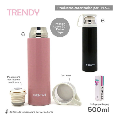Termo Acero Inoxidable Medio Litro Mate Botella Agua Trendy Negro