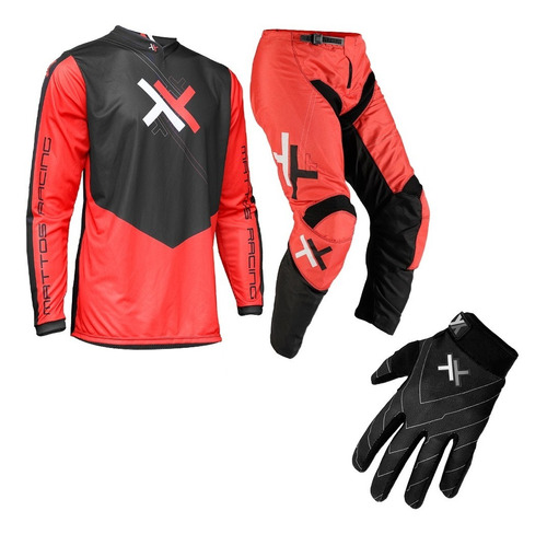 Conjunto Mattos Racing Atomic Vermelho + Luva Cross Preta