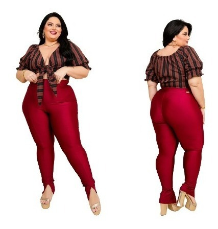 Conjunto Cropped Linho Xadrez E Calça Brilho Plus Size