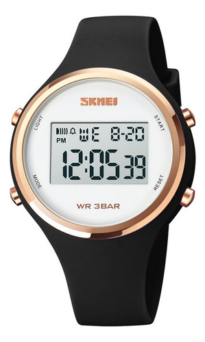 Skmei - Reloj Digital 1720bk Para Mujer Correa Negro Bisel Oro Rosa Fondo Blanco