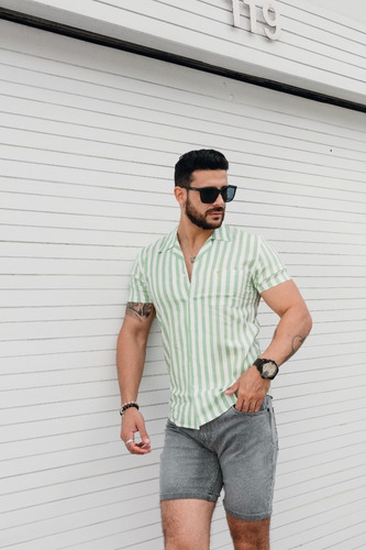Camisa Tropikl Hawaiana Harmony Slim Fit Noche Verde Blanco