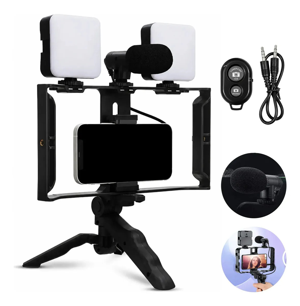 Suporte Camera Celular Suporte Celular Com Led Estabilizador Celular Com Luz Suporte Celular Com Luz Estabilizador Celular Luz Microfone Tripé Ajustável 360º Rotativo Vídeo Live Streaming Preto