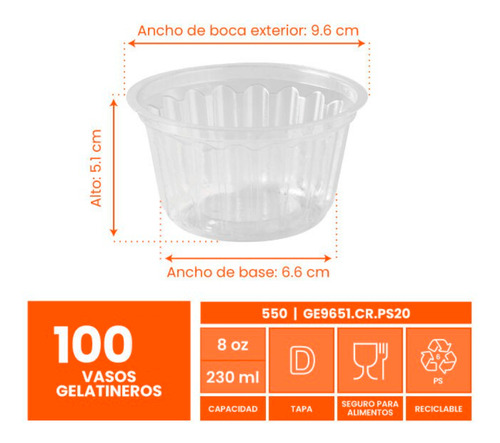 Vaso Gelatinero, 230ml, 100 Pzs Color Cristal