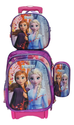 Mochila, Lonchera Y Lapicera Frozen Primaria Con Llantas, Ruedas O Carrito Rosa Chicle