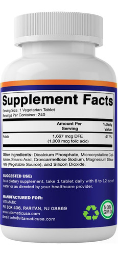 Vitamatic Ácido Fólico 1000 Mcg 240 Tabletas