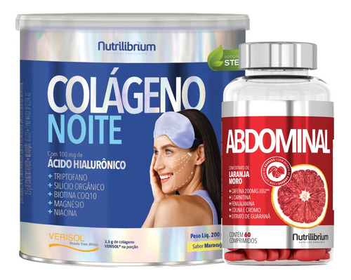 Colágeno Noite 200g Com Ácido Hialurônico + Abdominal 60 Cp Sabor Maracujá