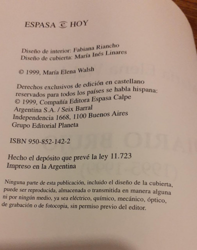 Maria E. Walsh .diario Brujo.espasa Calpe Hoy, 1999