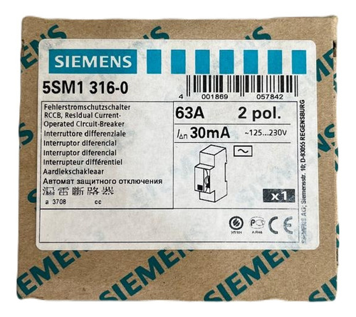 Interruptor Dr Bipolar 63a 30ma Siemens 5sm1 316-0