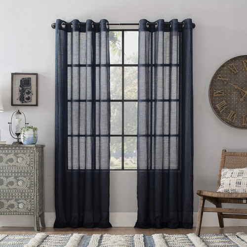 Cortina De Lino Texturizado Azul Marino 132 X 213 Cm