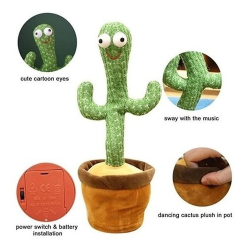 Imagen 3 de 8 de Jueguete Peluche Cactus Bailar Iluminoso Canta Repite Voz