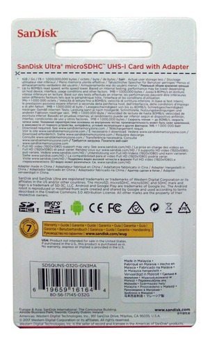 Memoria Micro Sd Hc Sandisk 32gb Clase 10 Original Sellado