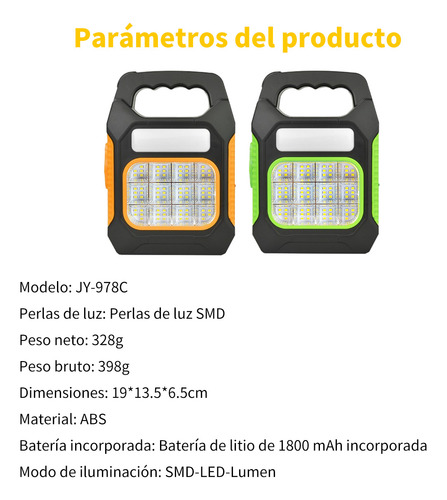 Lámpara Linterna Recargable Portátil Camping Solar Led Amarillo