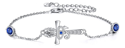 Yfn Pulsera De Cruz Ankh De Plata De Ley Con Escarabajo, Ojo