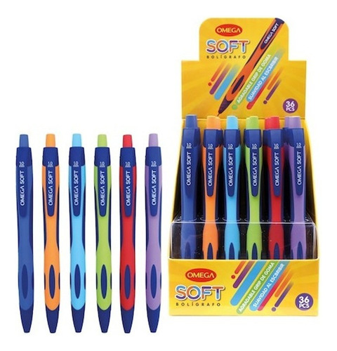 Lapicera Omega Retractil X 6 Tinta Azul Exterior Azul