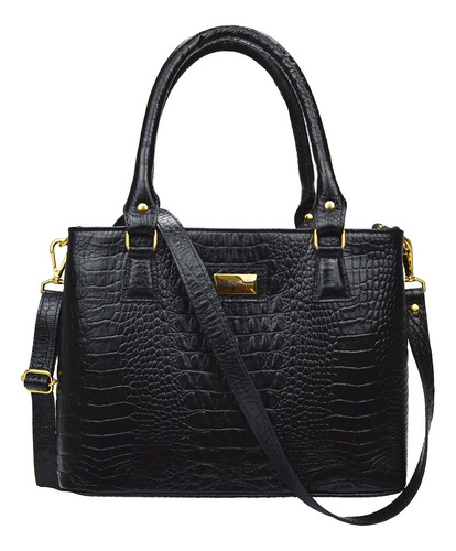 Madamix MDX-B333 Bolsa Feminina Preta Mão Ombro Transversal Tote Tiracolo Couro Legitimo Croco