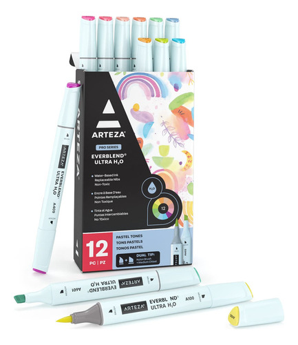 Arteza Dual Tip Brush Pens, 12 Pastel Tones, Everblend Wate. Color Pastel Tones