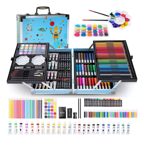 Kit De Dibujo Estuche De Arte 145pz Acuarelas Pinturas Colores Diseño Infantil Robot Fasilyt