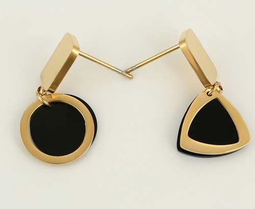 Arete Colgantes Oro 18k Lam Negro Circulo Triangulo Mujer