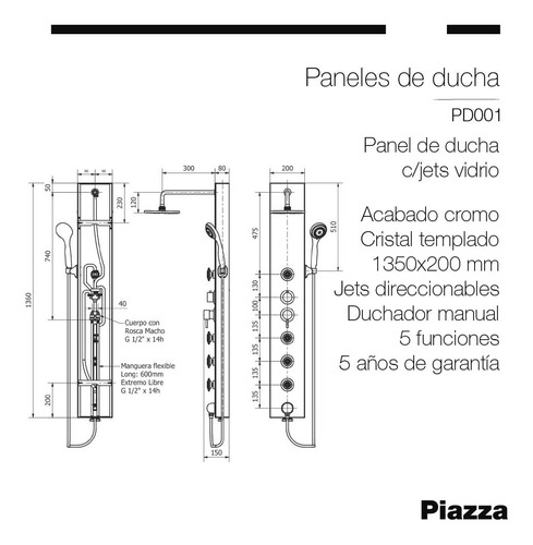 Imagen 3 de 7 de Panel Ducha Escocesa Jets Direcc Piazza Pd001 Vidrio Negro