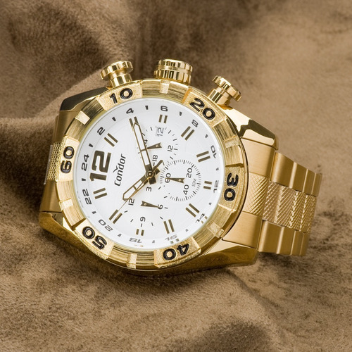 Relógio Condor Masculino Dourado Branco Civic Dual Time Covd33aa/4k Original Com Estojo
