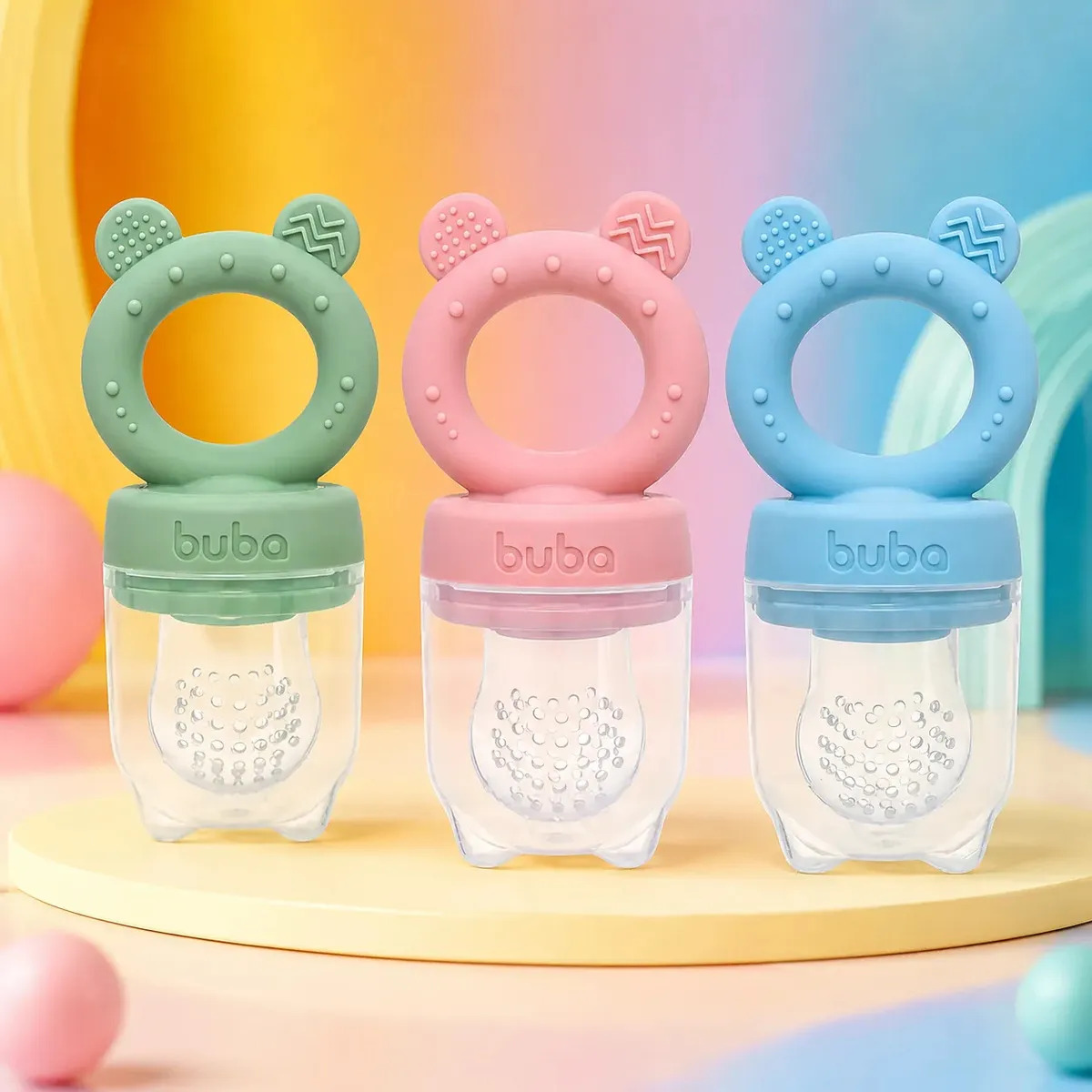 Porta Frutinhas Silicone Urso Chupeta Buba Bebê Lanche Rosa