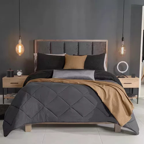 Juego De Edredón Shadow Negro Matrimonial / Queen Size con 2 fundas, 2 cojines y cubrecama Vianney