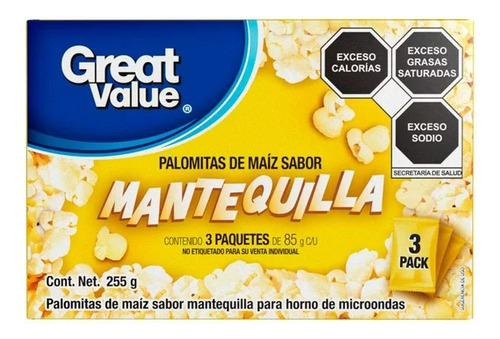 6 Pzas Palomitas De Maíz Great Value Sabor Mantequilla Para