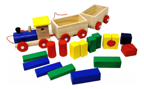 Tren De Carga De Madera Con Bloques De Construccion